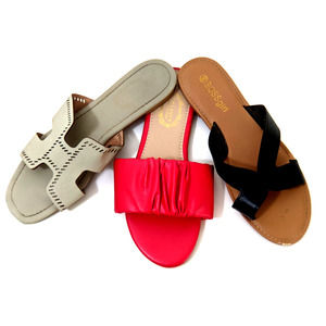 3 Pairs Boss Girl Women's Flat Slide Sandals Red Black Grey Faux Leather Size 40